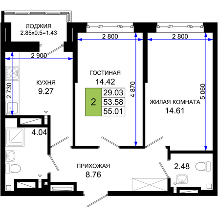 Планировка 2-комн 55,01 м²