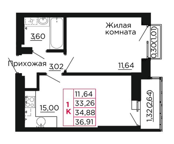 Планировка 1-комн 34,88 м²