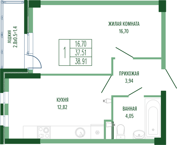 Планировка 1-комн 38,91 м²