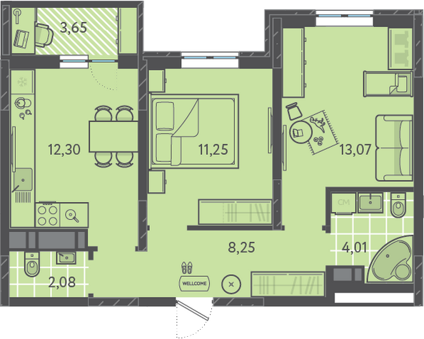 Планировка 2-комн 52,06 м²