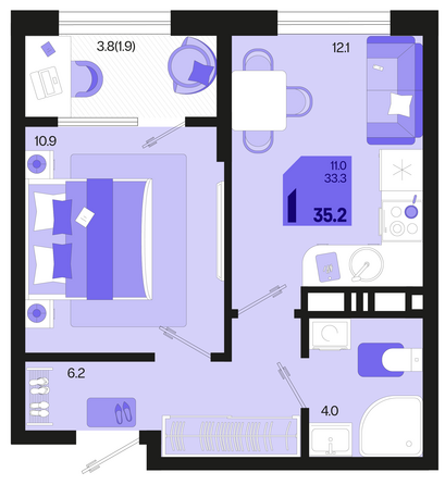 Планировка 1-комн 35,2 - 36,8 м²