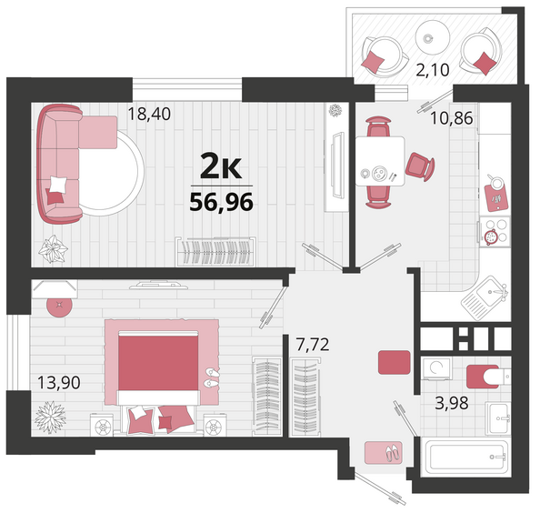 Планировка 2-комн 56,96 м²