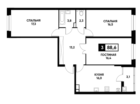 Планировка 3-комн 88,6 м²