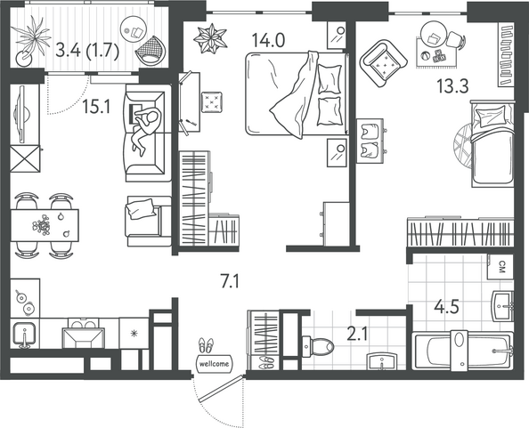 Планировка 2-комн 57,8 м²