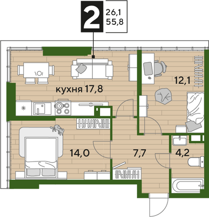 Планировка 2-комн 55,8 м²