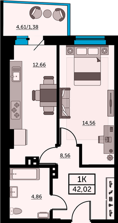 Планировка 1-комн 41,37 - 41,73 м²