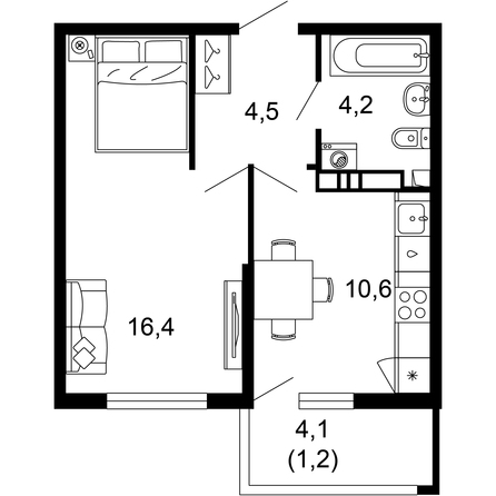 Планировка 1-комн 36,9 м²