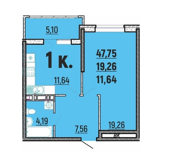 Планировка 1-комн 47,75 м²