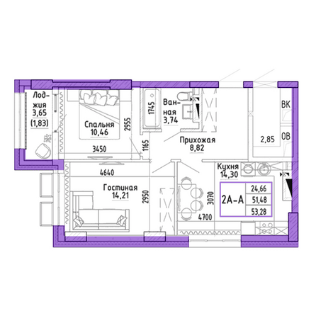 Планировка 2-комн 53,28 м²