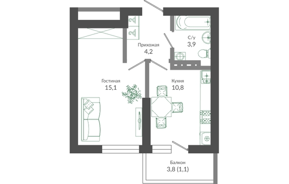 Планировка 1-комн 35,1 м²