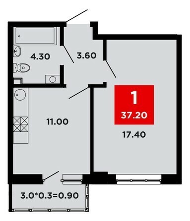 Планировка 1-комн 37,2 м²