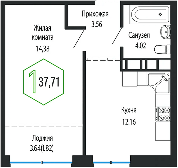 Планировка 1-комн 37,71 м²