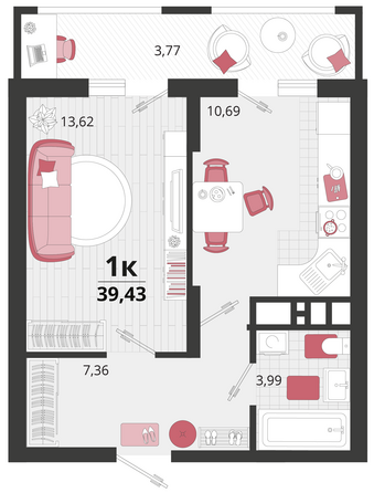 Планировка 1-комн 39,43 м²