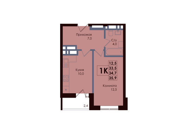 Планировка 1-комн 34,7 м²