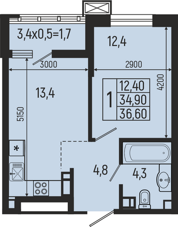 Планировка 1-комн 36,6 - 38 м²