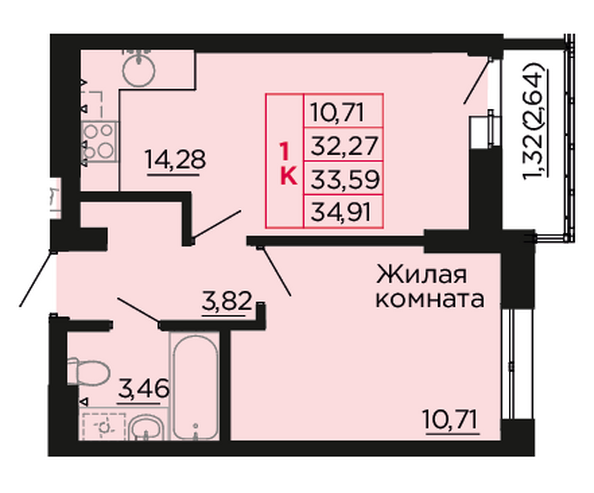 Планировка 1-комн 33,59 м²