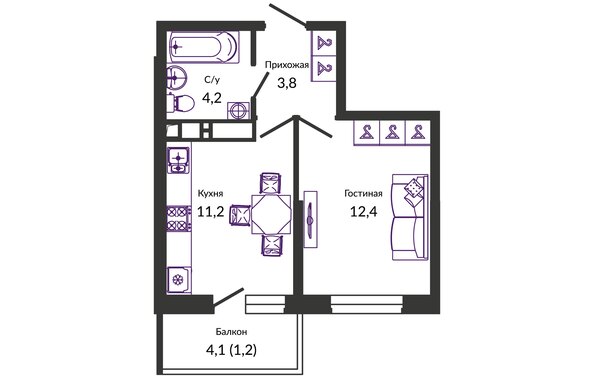 Планировка 1-комн 32,8, 33 м²