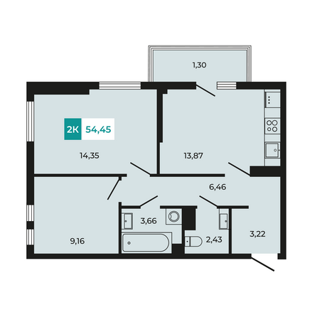 Планировка 2-комн 54,45 м²