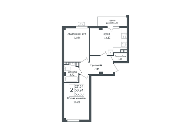 Планировка 2-комн 55,68 м²