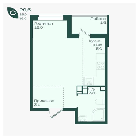 Планировка 1-комн 29,5, 29,9 м²