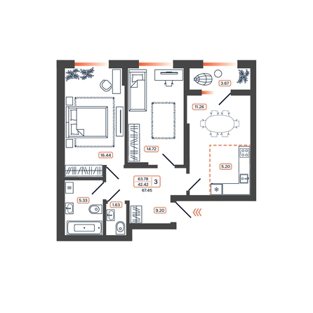 Планировка 3-комн 67,45 - 67,84 м²