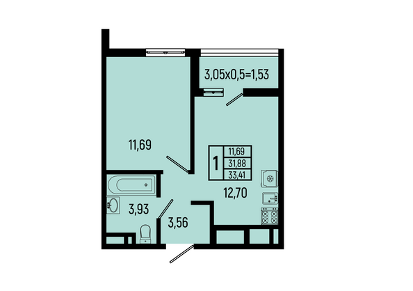 Планировка 1-комн 33,41 м²