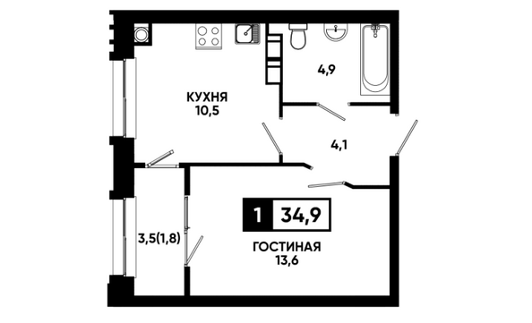 Планировка 1-комн 34,9 м²