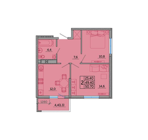 Планировка 2-комн 50,7 м²