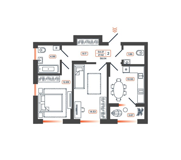 Планировка 2-комн 58,04 - 58,24 м²