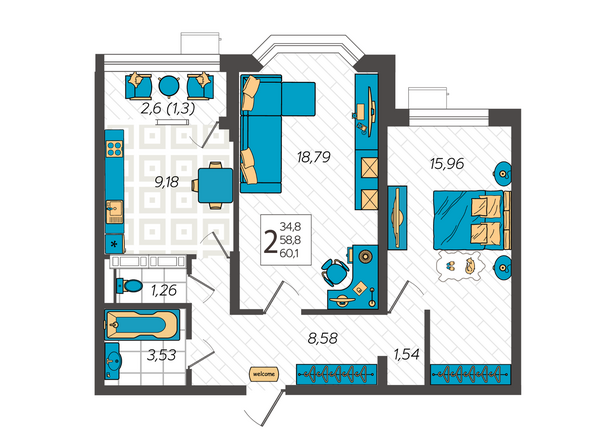 Планировка 2-комн 60,1 м²