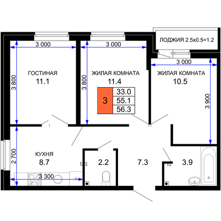 Планировка 3-комн 56,3 м²