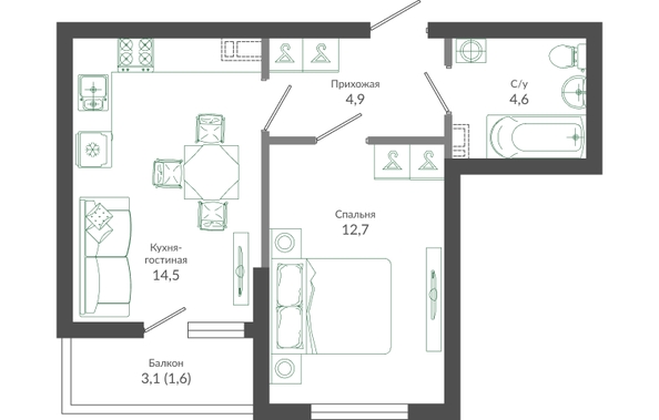 Планировка 1-комн 38,3 м²