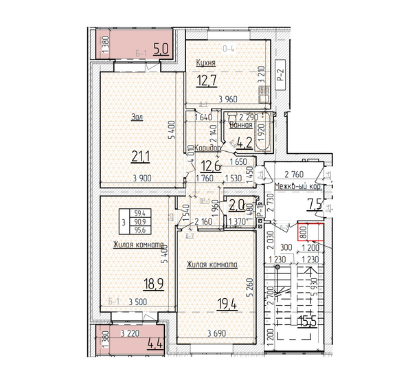 Планировка 3-комн 95,6 м²