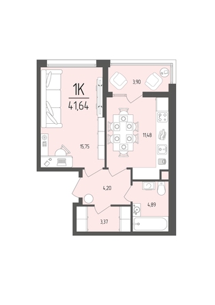 Планировка 1-комн 41,64 м²