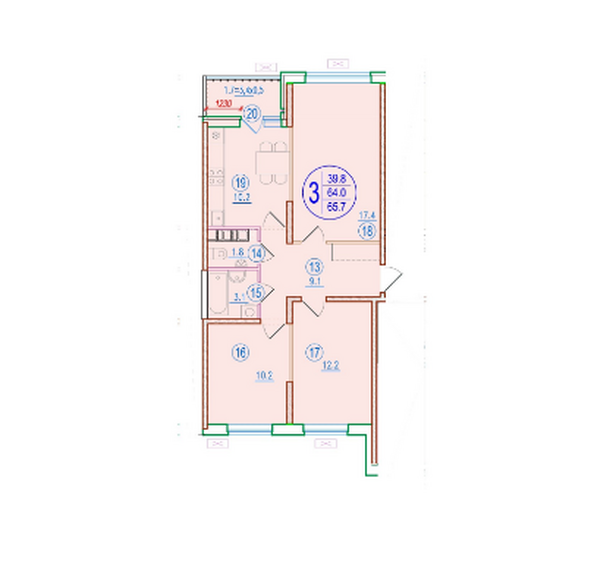 Планировка 3-комн 65,7 м²