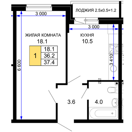 Планировка 1-комн 37,4 м²