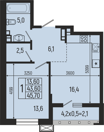 Планировка 1-комн 45,7, 46,3 м²