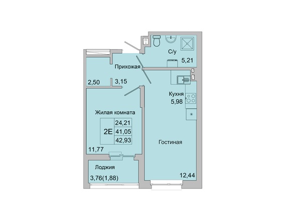 Планировка 2-комн 41,58 - 42,96 м²