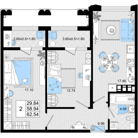 Планировка 2-комн 62,54 м²