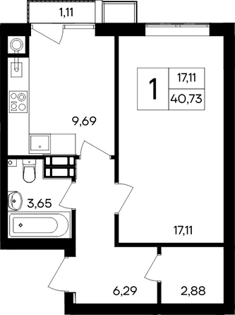 Планировка 1-комн 40,73 м²