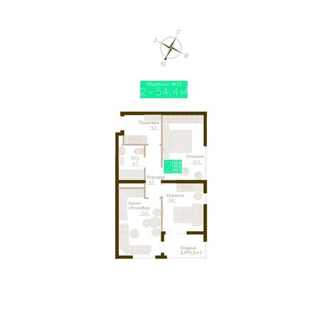 Планировка 2-комн 52,5 м²