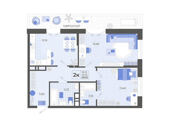 Планировка 2-комн 69,92 м²