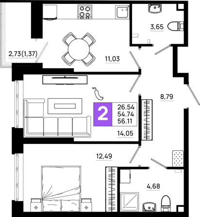 Планировка 2-комн 56,11 м²