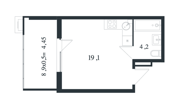 Планировка Студия 27,35, 27,75 м²