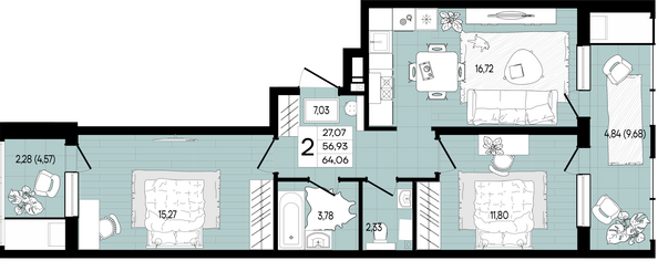 Планировка 2-комн 64,06 м²