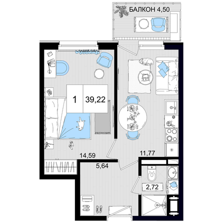 Планировка 1-комн 39,22 м²