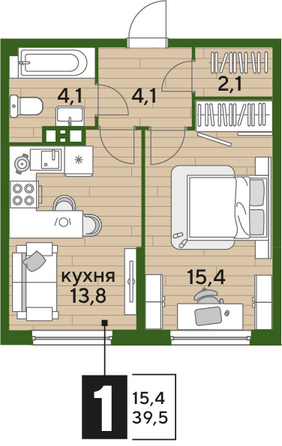 Планировка 1-комн 39,5 м²