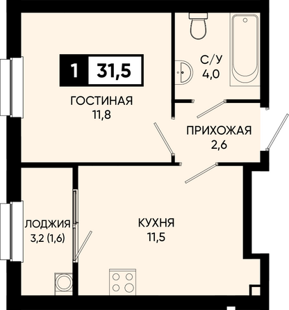 Планировка 1-комн 31,5 м²