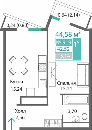 Планировка 1-комн 42,52 м²