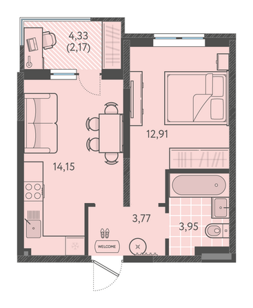 Планировка 1-комн 36,8 - 37,3 м²